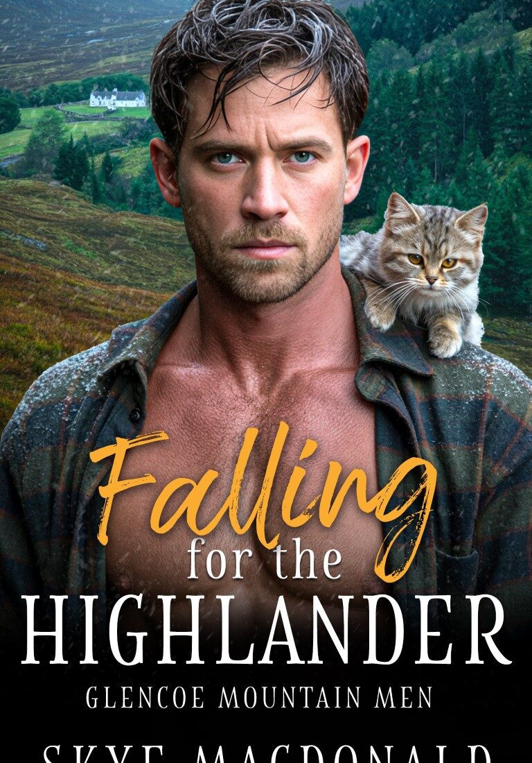 Cover of Falling for the Highlander, a cosy Scottish Highlands romance featuring a grumpy vet, sunshine heroine, and cat café setting.