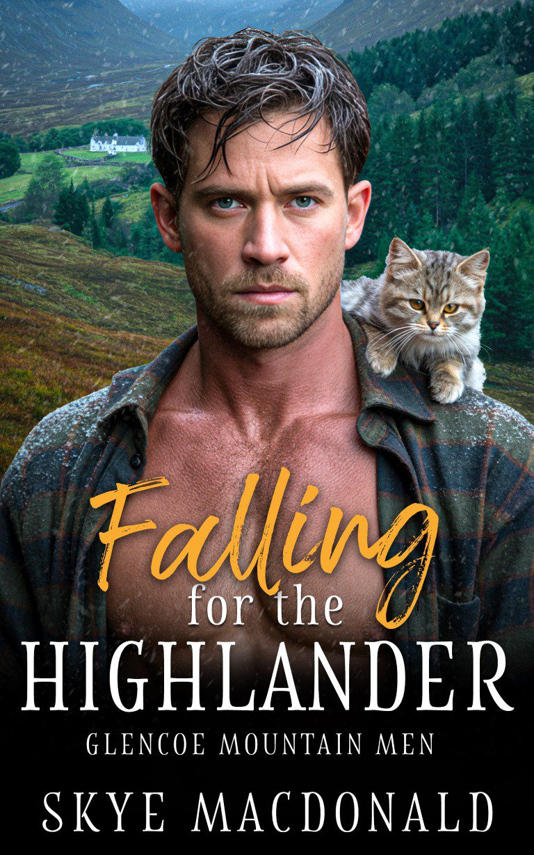 Cover of Falling for the Highlander, a cosy Scottish Highlands romance featuring a grumpy vet, sunshine heroine, and cat café setting.